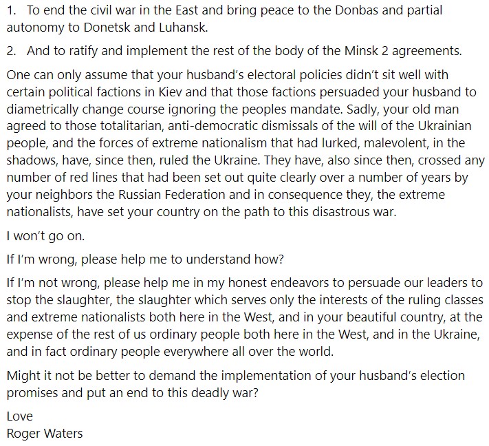 Зеленская ответила на призыв экс-лидера Pink Floyd прекратить «гражданскую войну» в Украине - 2 - изображение