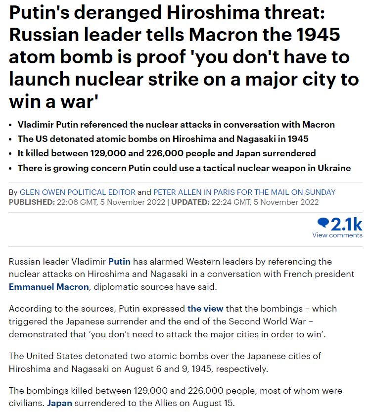 Путин в беседе с Макроном рассуждал о победе с использованием ядерного удара — Daily Mail - 1 - изображение
